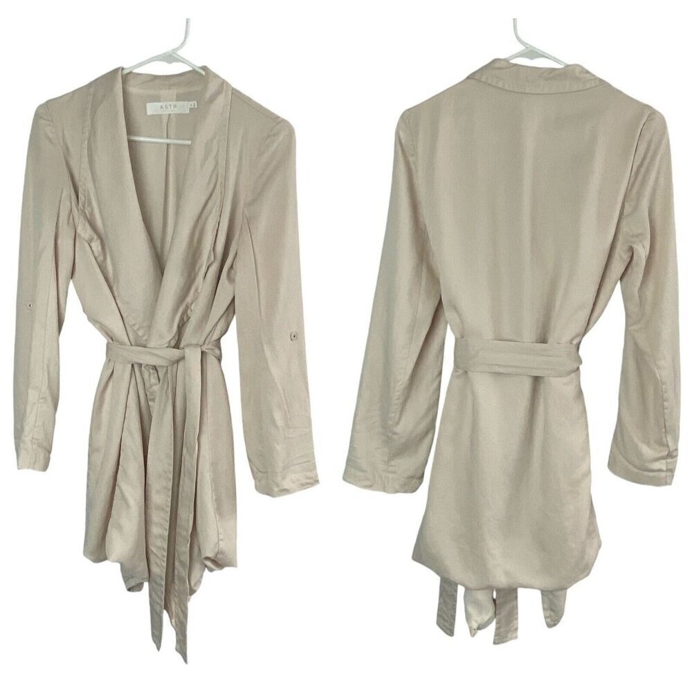 ASTR The Label Women Linen Blend Drape Trench Coat Tie Front Sz M Beige 94-16